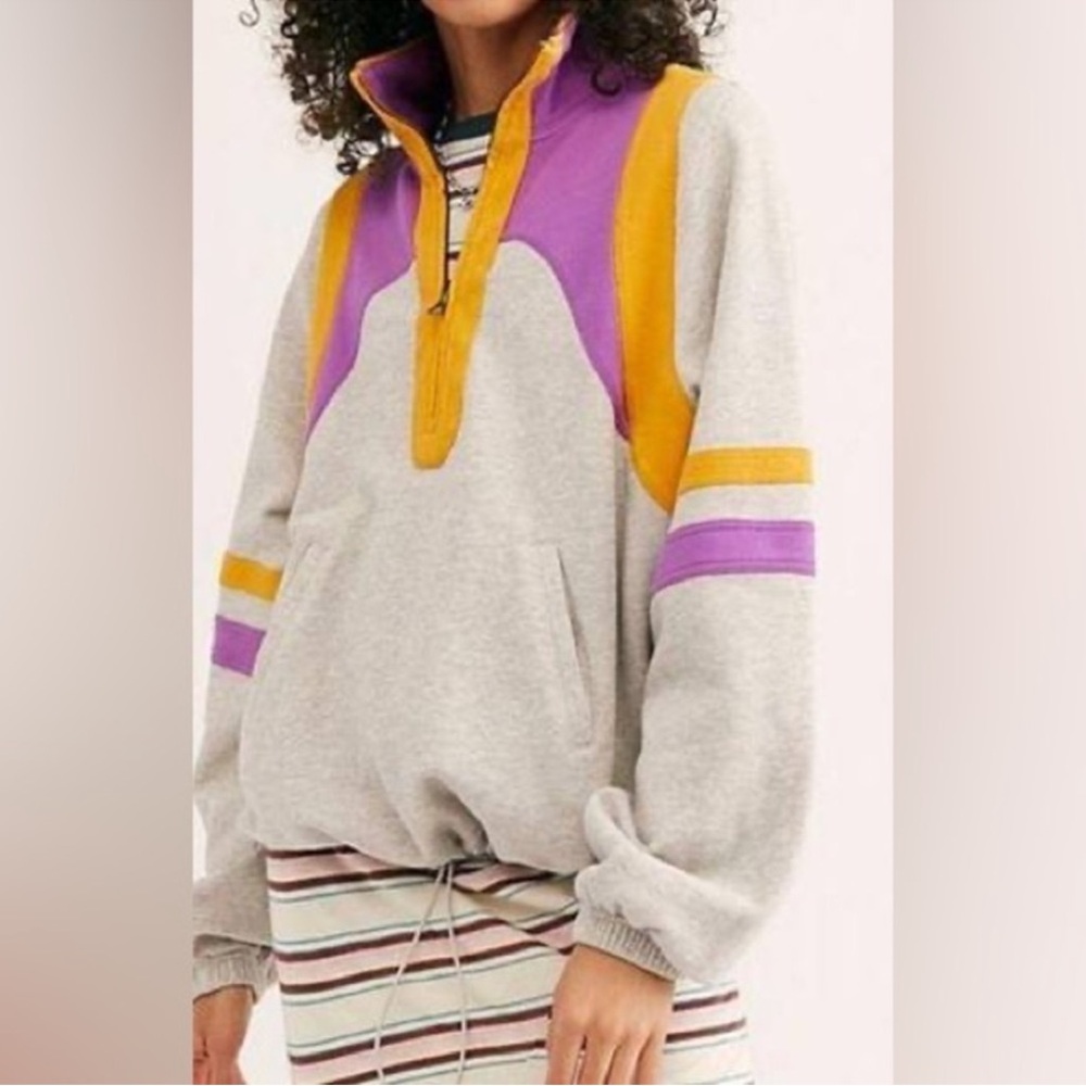 Free People Color Me Rad Quarter Zip Pullover Grey Purple Yellow Retro 80s